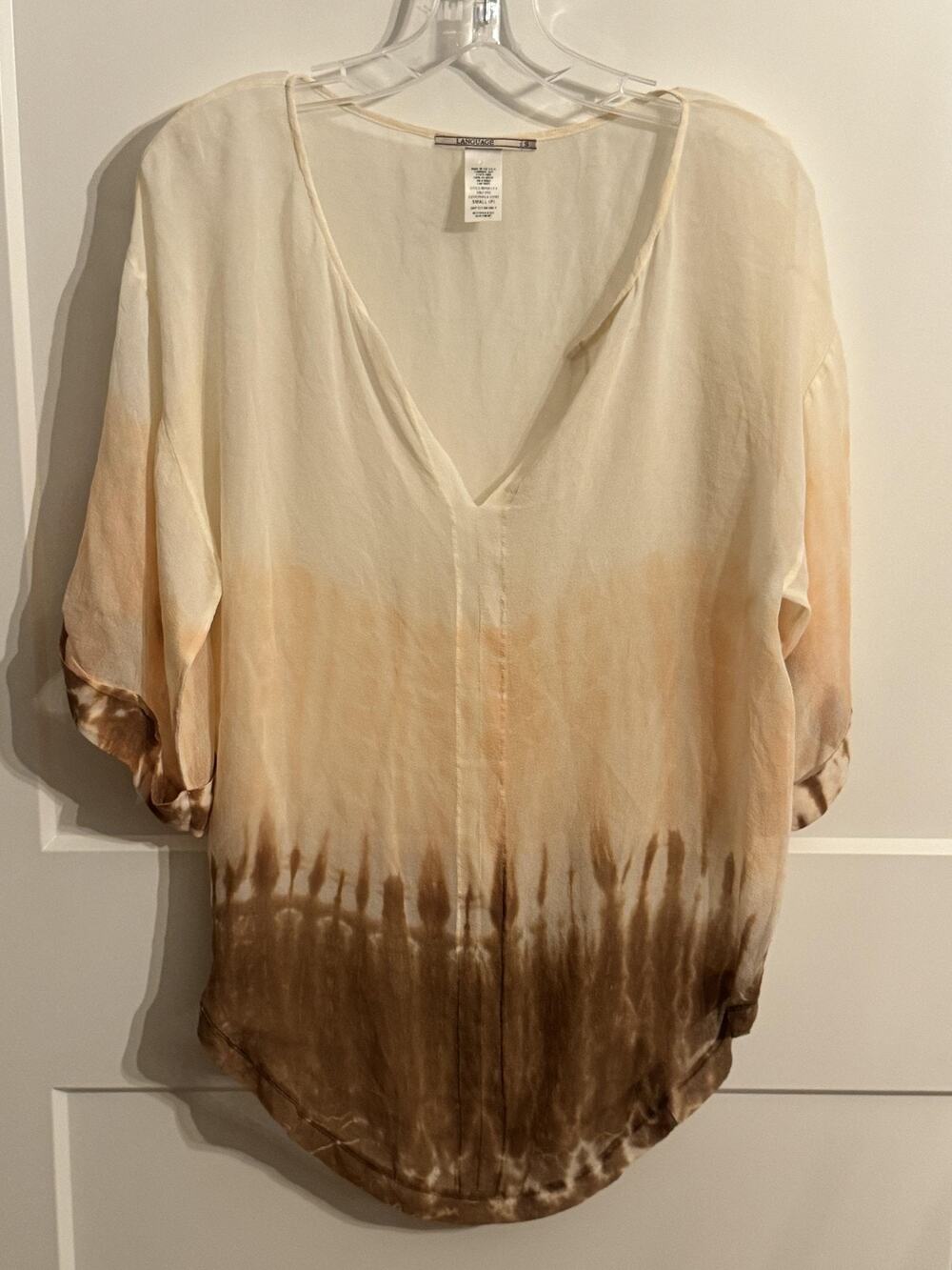 Pleione Tunic Blouse Womens Medium Brown Tie Dye V Neck Roll Tab Top Flowy
